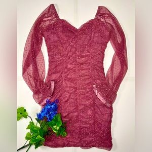 Haute Monde Womens Dress Sz S Magenta Mesh Off Shoulder Ruched Ruffled Bodycon